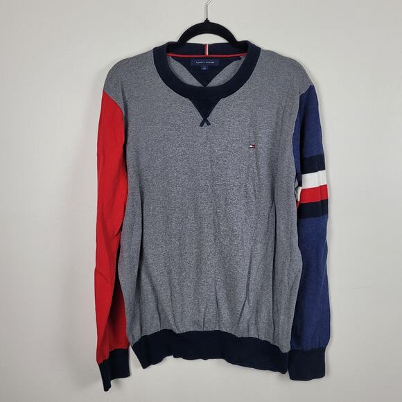 Tommy Hilfiger Mens Large Sweater Gray Blue Red White Colorblock Logo Preppy - Picture 1 of 4